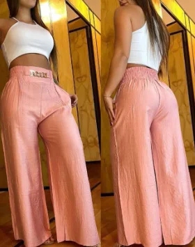 Wongn Wongn Solid Color Wide Leg High Waist Trousers Loose Show Thin Metal Bell-Bottom Trousers Can Be Colored