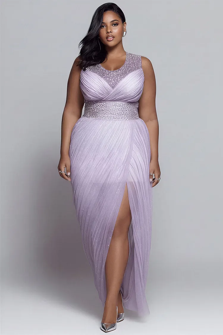 Xpluswear Design Plus Size Cocktail Party Purple Round Neck Drilling Split Tulle Midi Dresses [Pre-Order] 2024 - Xpluswear