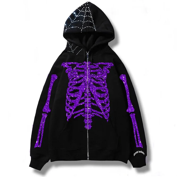Y2K Rhinestone Skeleton Print Men's Zip Up Oversized Hooded Sweatshirt Jacket-VESSFUL