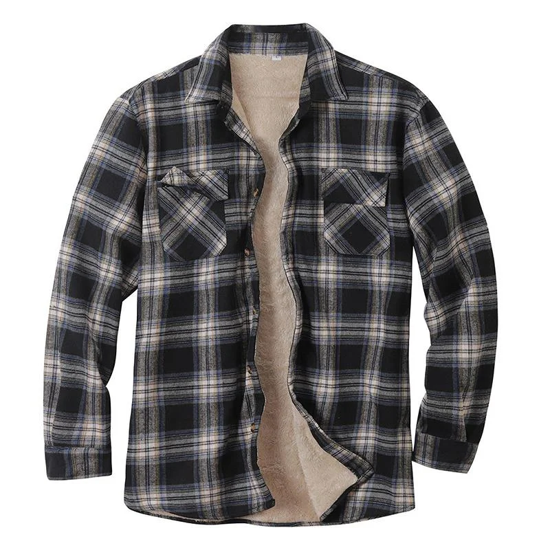 Men's Retro Autumn and Winter Warm Velvet Plaid Shirt 45630736J