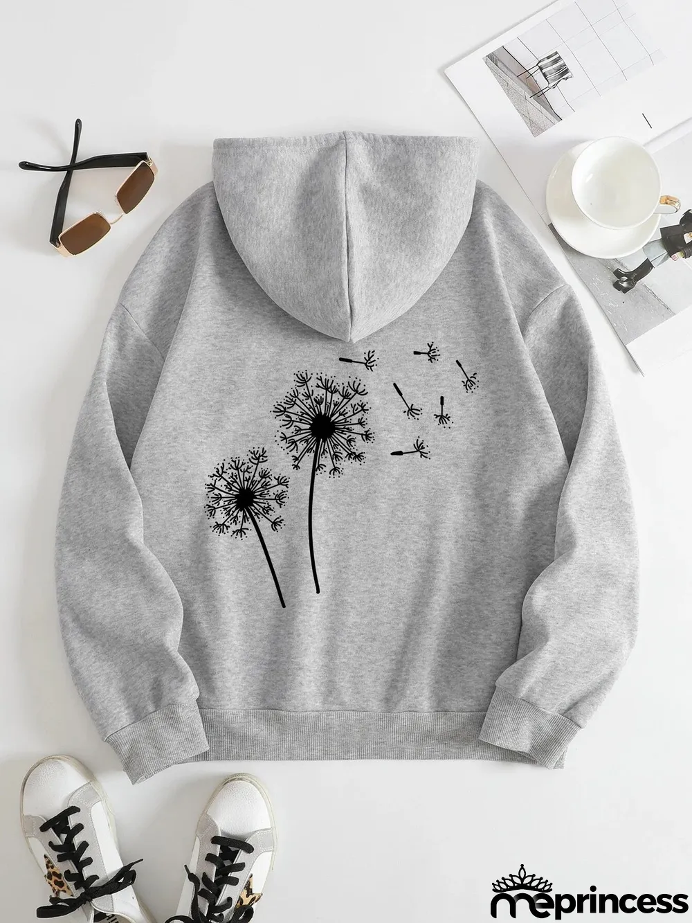 Printed on the Back Kangaroo Pocket Hoodie Long Sleeve for Women Pattern Dandelion