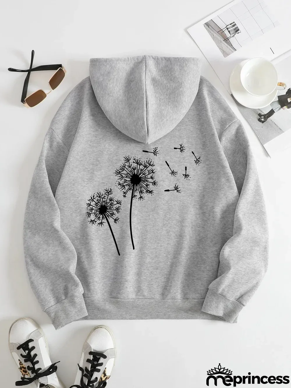 Printed on the Back Kangaroo Pocket Hoodie Long Sleeve for Women Pattern Dandelion