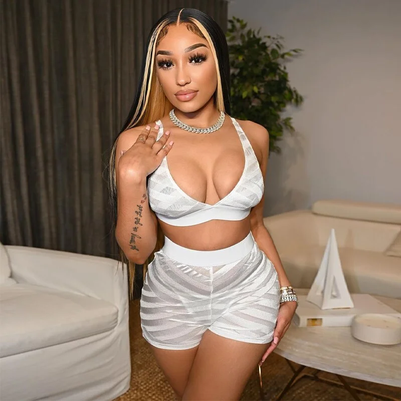 Hugcitar Mesh Stripe Patchwork Cute Crop Top  Mini Shorts 2 Pcs Matching Set 2022 Summer Sexy Bodycon Club Holiday Wear Y2K