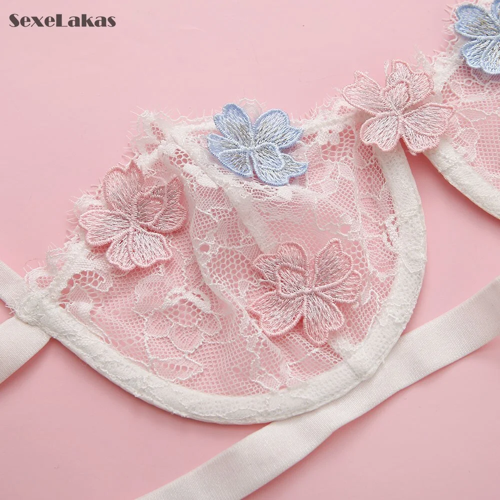 Billionm SexeLakas Sexy Lingerie White Lace Floral Intimate Underwear Flower Appliques Set Sensual Perspective See Through Women Sets