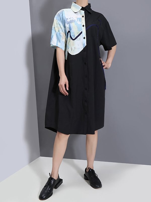 Original Printing Short Sleeve Lapel Shirt Dress