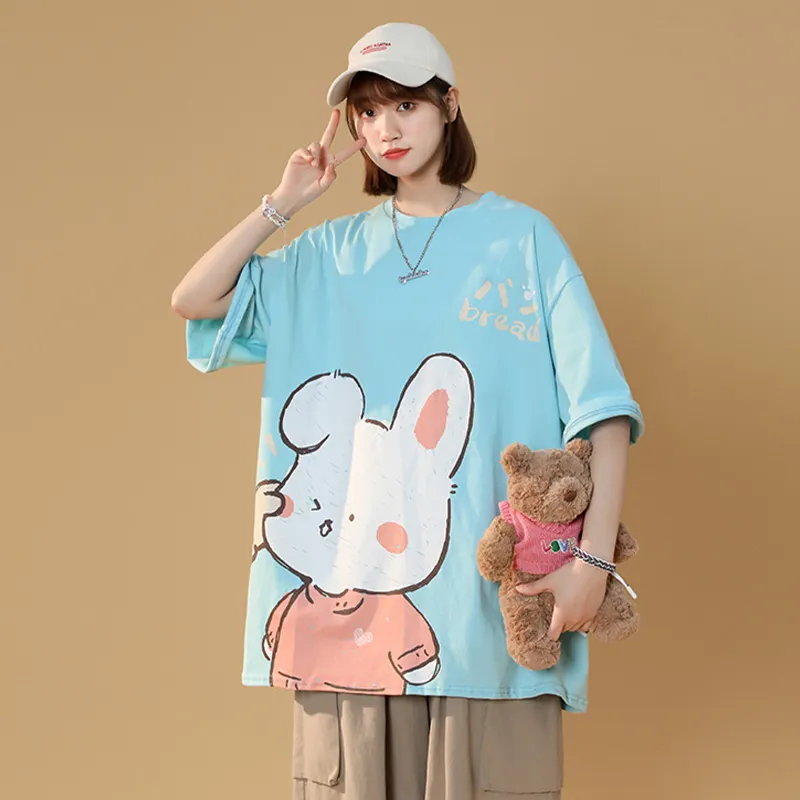 Cartoon Bunny Print Round Collar Casual T-Shirt