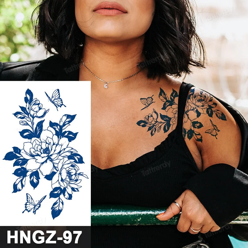 Juice Ink Tattoo Flower Rose Leaf Waterproof Temporary Bird Snake Sexy Body Arm Leg Henna Tattoo Fashion Big Fake Sleeve Sticker