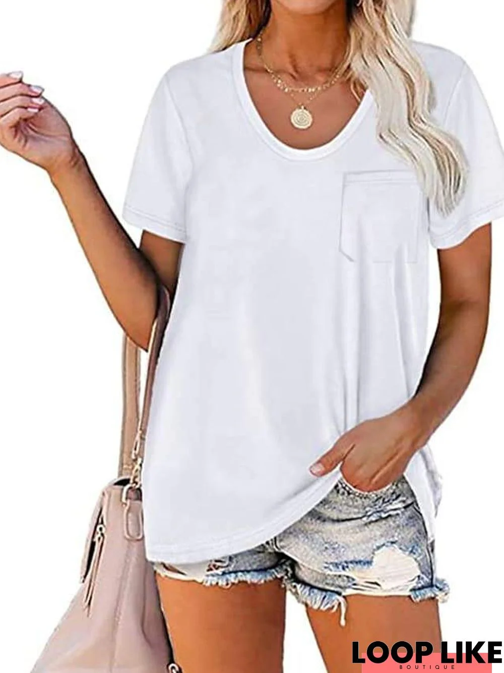 Women's Pocket-Shirt Solid Color Tee Round Neck Blouse Summer Short Sleeve Basic Top