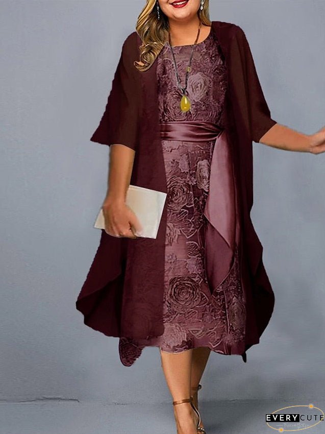 Women's Dress - Plus Size Casual Dress Dress Set Two Piece Dress Floral Midi Dress 3/4 Length Sleeve Crew Neck Fashion Daily Pink Wine Summer Spring L XL XXL 3XL 4XL