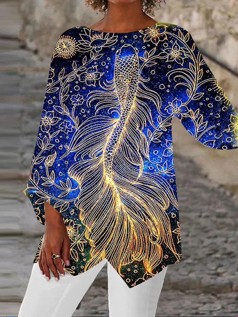 Women Asymmetrical 3/4 Sleeve Scoop Neck Fish Floral Printed Top