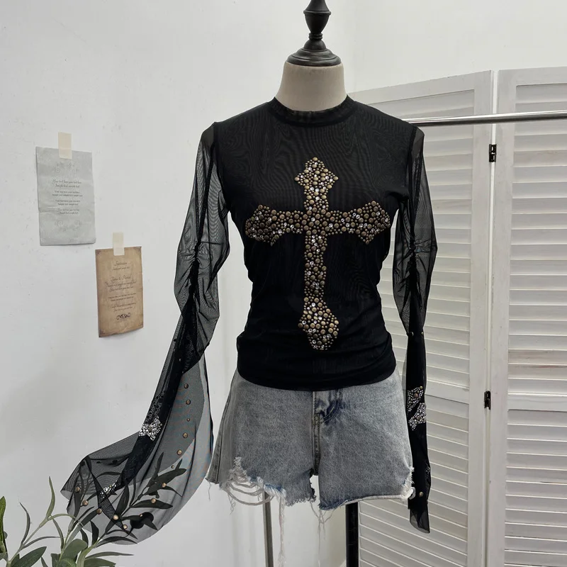 Nigikala Nigikala Shooting Heavy Industry Design Sense Cross Rivet Water Drill Waste Soil Horn Sleeve Double Mesh Yarn Trinket 2706