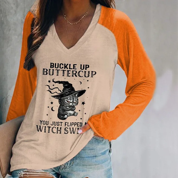 Wearshes Fashion Contrast Color Witch Cat Print T-Shirt