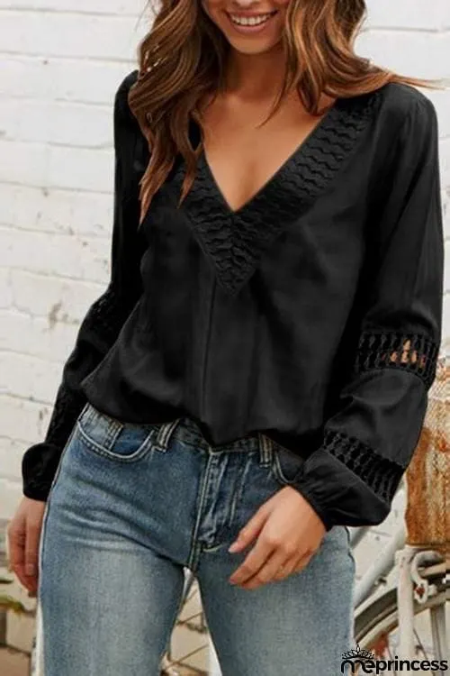 Hollow V Neck Puff Sleeve Blouse