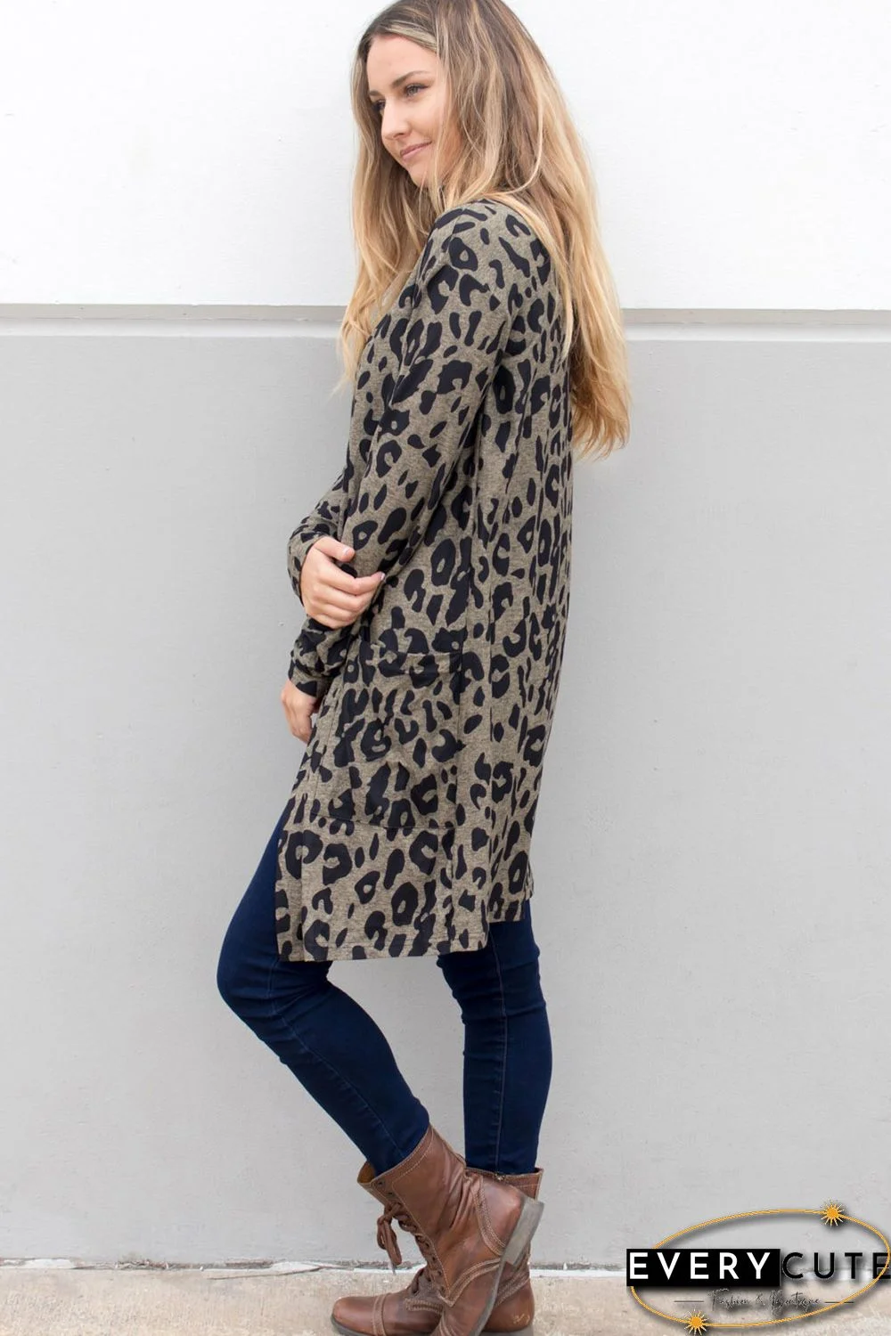 Leopard Print Open Front Pocketed Cardigan