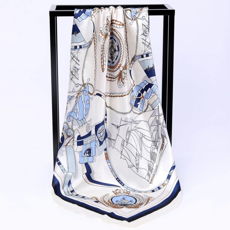 Women's Elegant Ship Satin Printing Silk Scarf