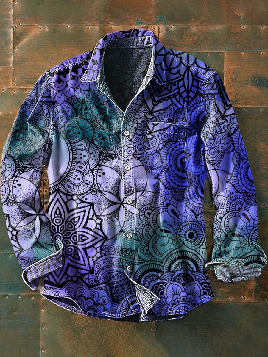 Men's Vintage Cashew Flower Floral Print Casual Lapel Long Sleeve Shirt
