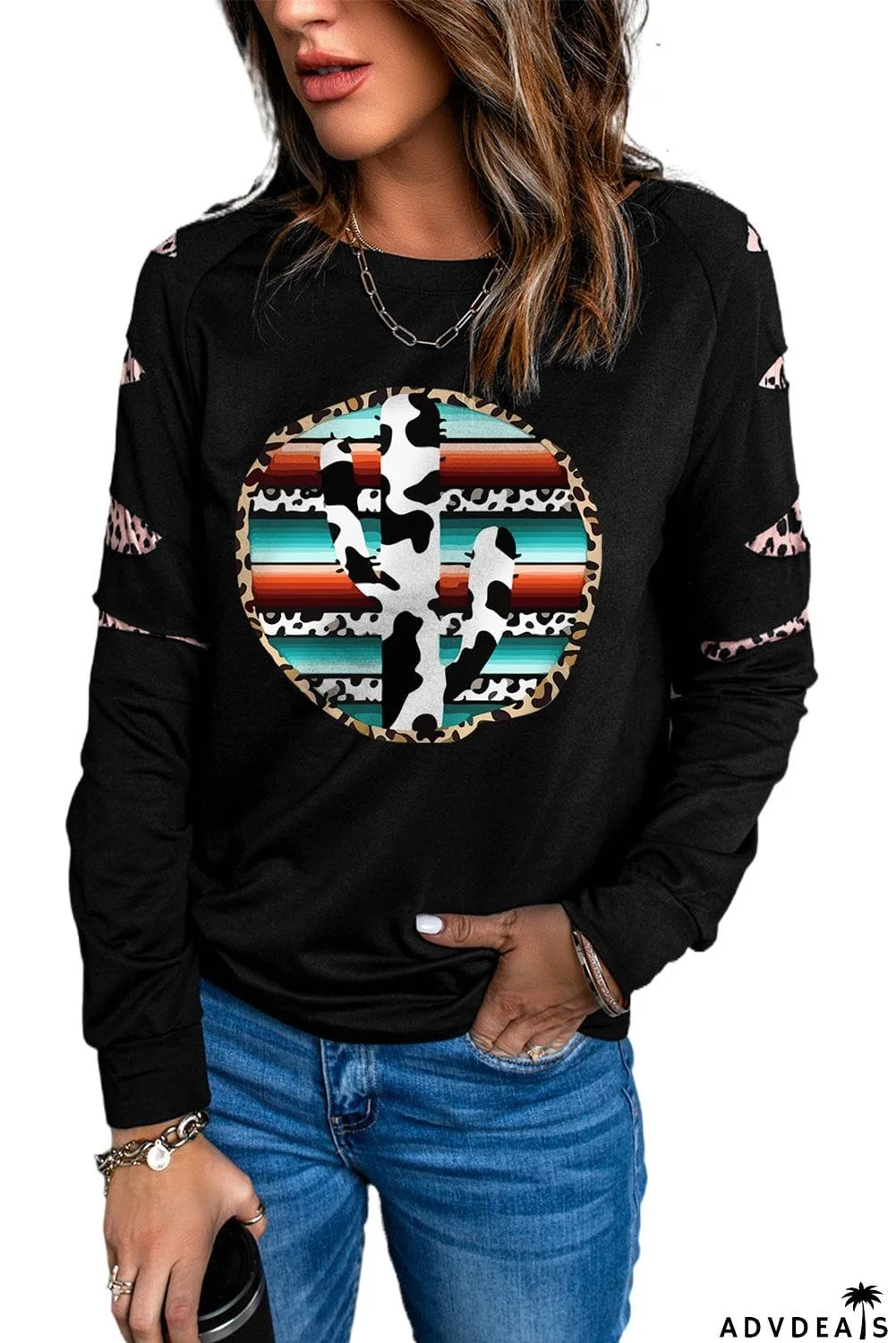 Cow Cactus Graphic Print Contrast Long Sleeve Sweatshirt