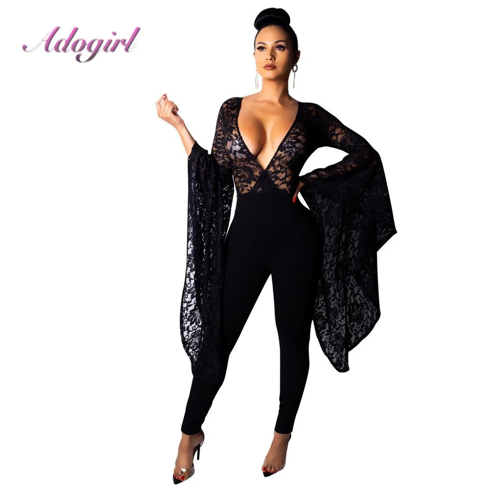 Adogirl Sexy Sheer Patchwork Lace Deep V Neck Jumpsuit Women Casual Flare Sleeves Party Clubwear Outfit Rompers Femme Overalls