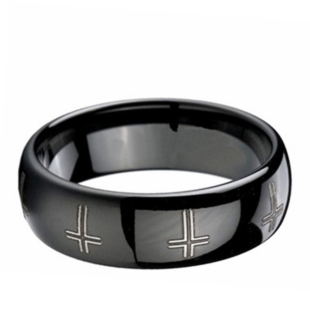 8MM Mens Cross Religion Rings Black Full Arc Tungsten Wedding Bands
