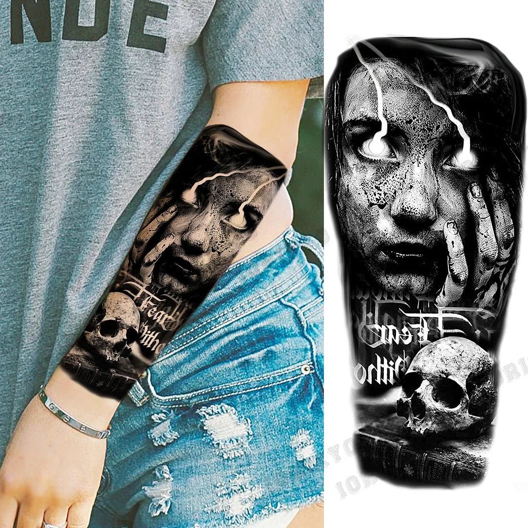 Black Devil Vampire Arm Temporary Tattoos For Women Adult Skull Lion Crown Compass Fake Tattoo Washable Body Art Painting Tatoos