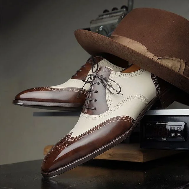 Men's Brown and White Oxford Leather Shoes