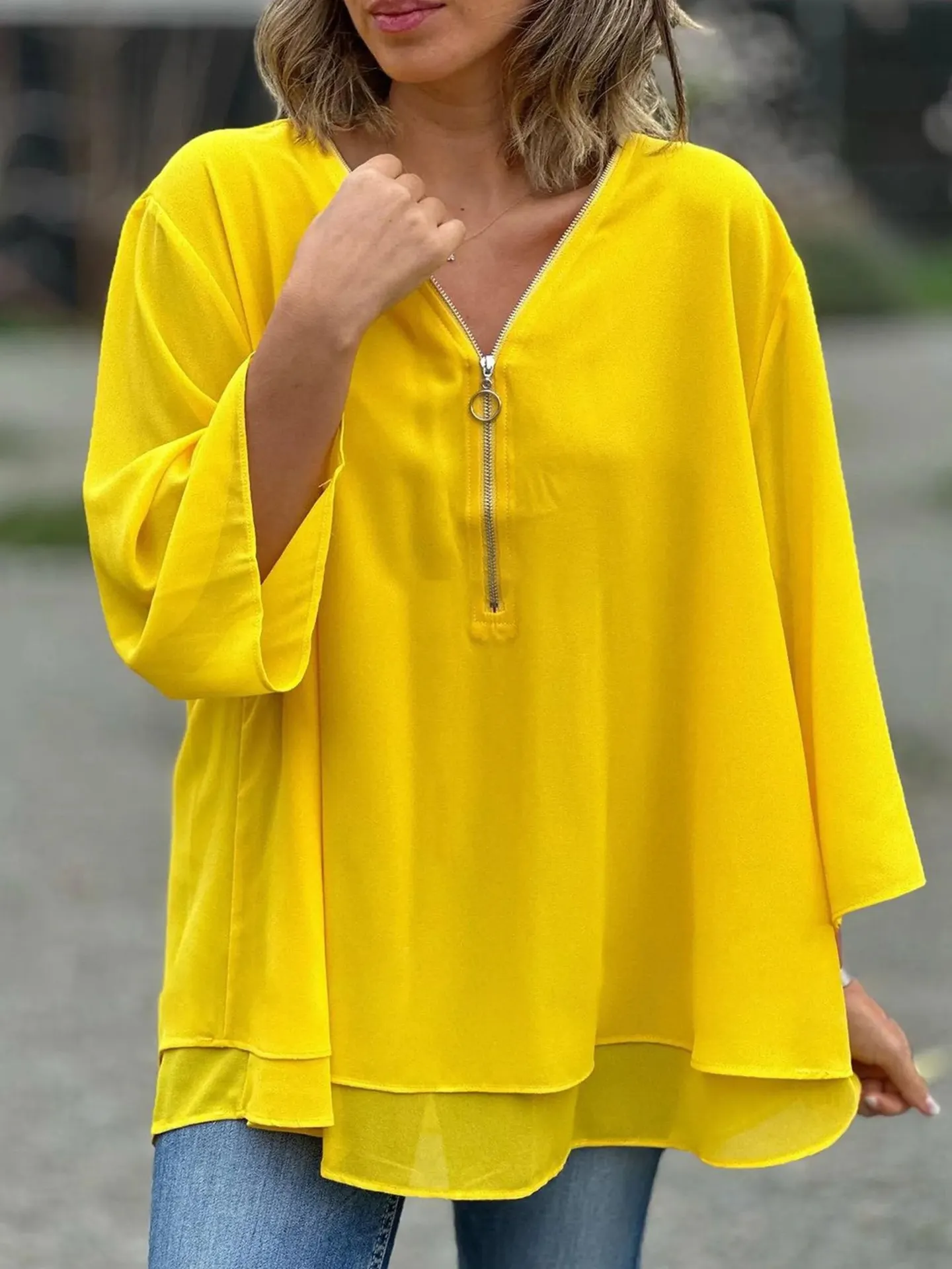 Women's Yellow Half Zip V Neck Blouse - Double Layer Chiffon 3/4 Sleeve Flowy Top
