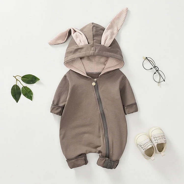 Solid Color Rabbit Ears Zipper Hooded Romper