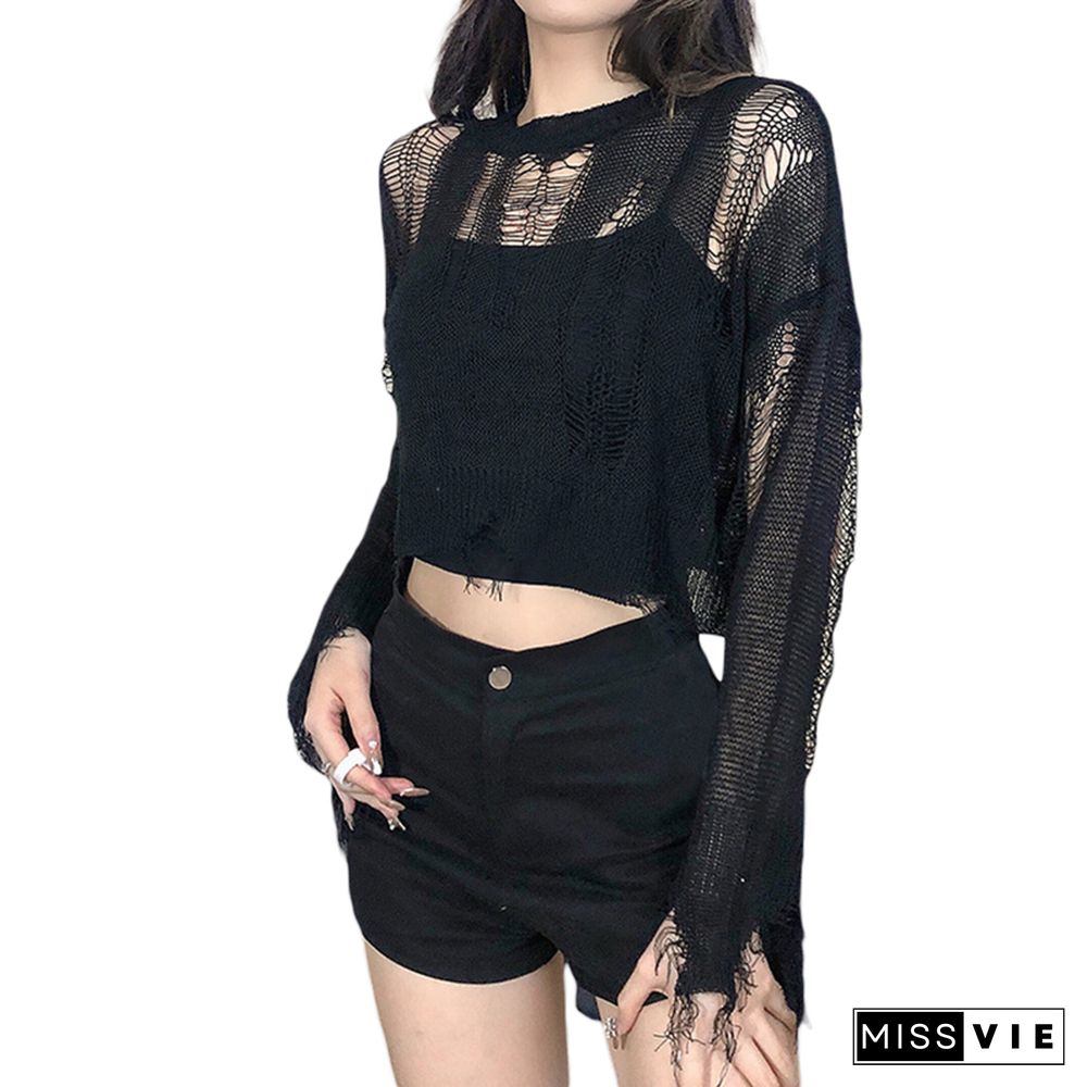 Gothic Crop Tops For Women Aesthetic Hollow Out Long Sleeve T Shirt Y2k Punk Style Knitted Crochet Tee Streetwear