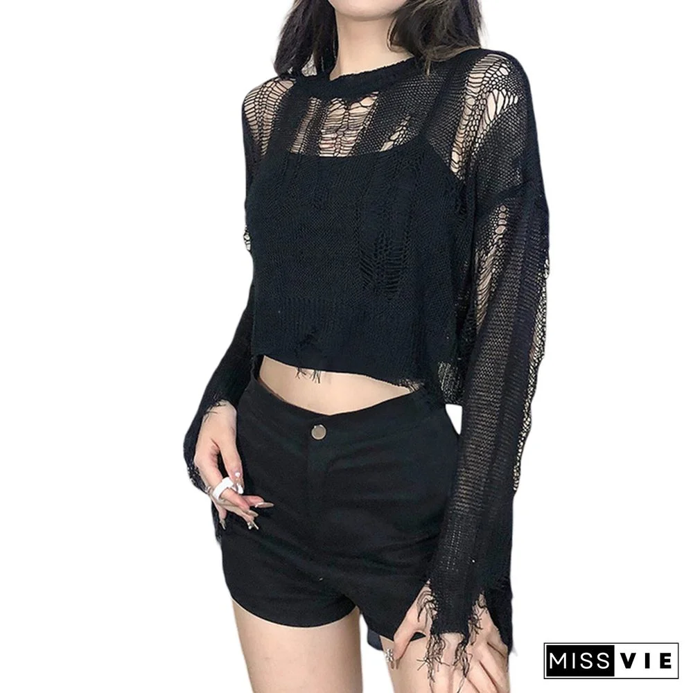 Gothic Crop Tops For Women Aesthetic Hollow Out Long Sleeve T Shirt Y2k Punk Style Knitted Crochet Tee Streetwear