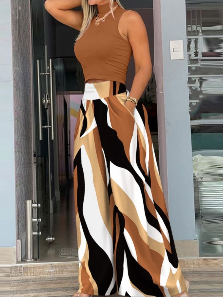 Wimdaily 2025 Elegant Women's Two Pieces Set Summer Mock Neck Sleeveless Solid Crop Top & Plants Print Wide Leg Pants Set Outfits Female