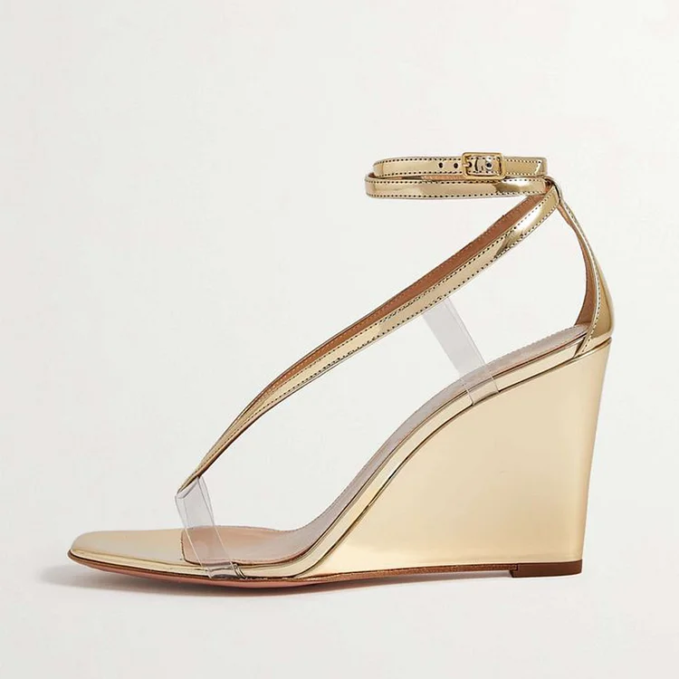 Gold Wedge Sandals with Ankle Strap -   Office Heels Vdcoo