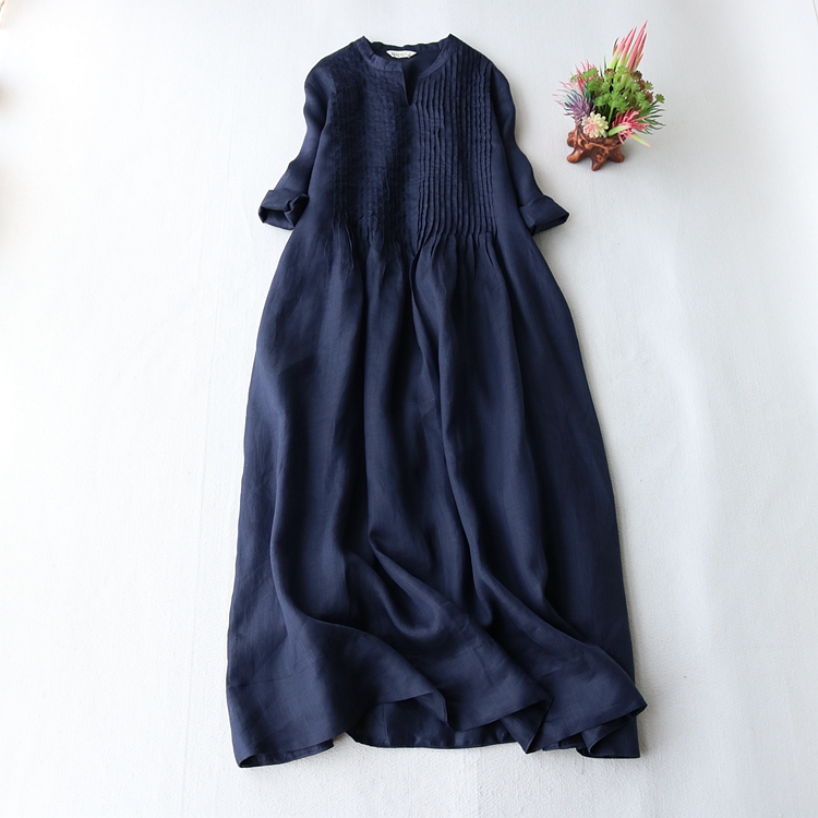 Stand Collar Elegant Three Quarter Sleeve Casual Loose Cotton Dresses