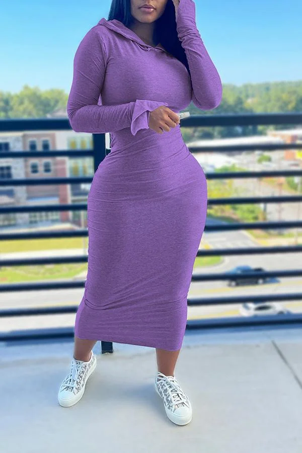 Cotton Blend Solid Hood Long Sleeve Maxi Dress