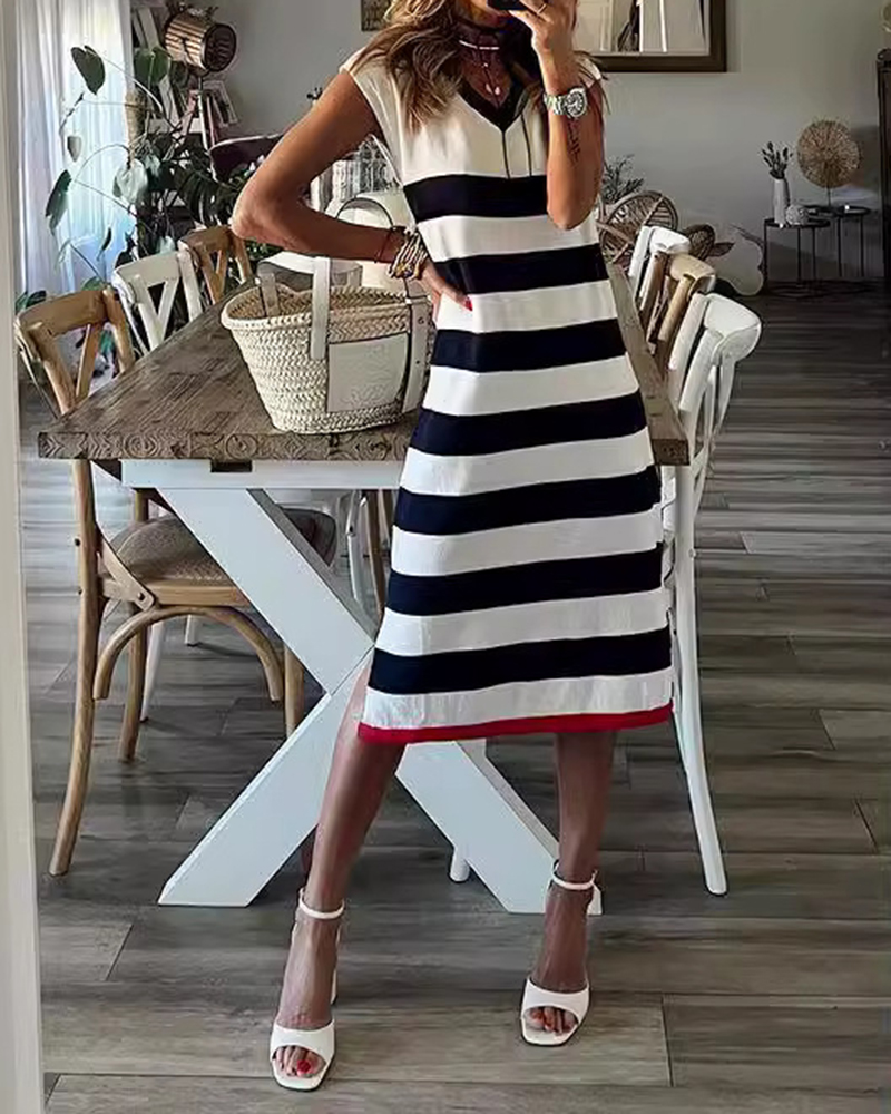 Striped V Neck Contrast Hem Sleeveless Midi Dress