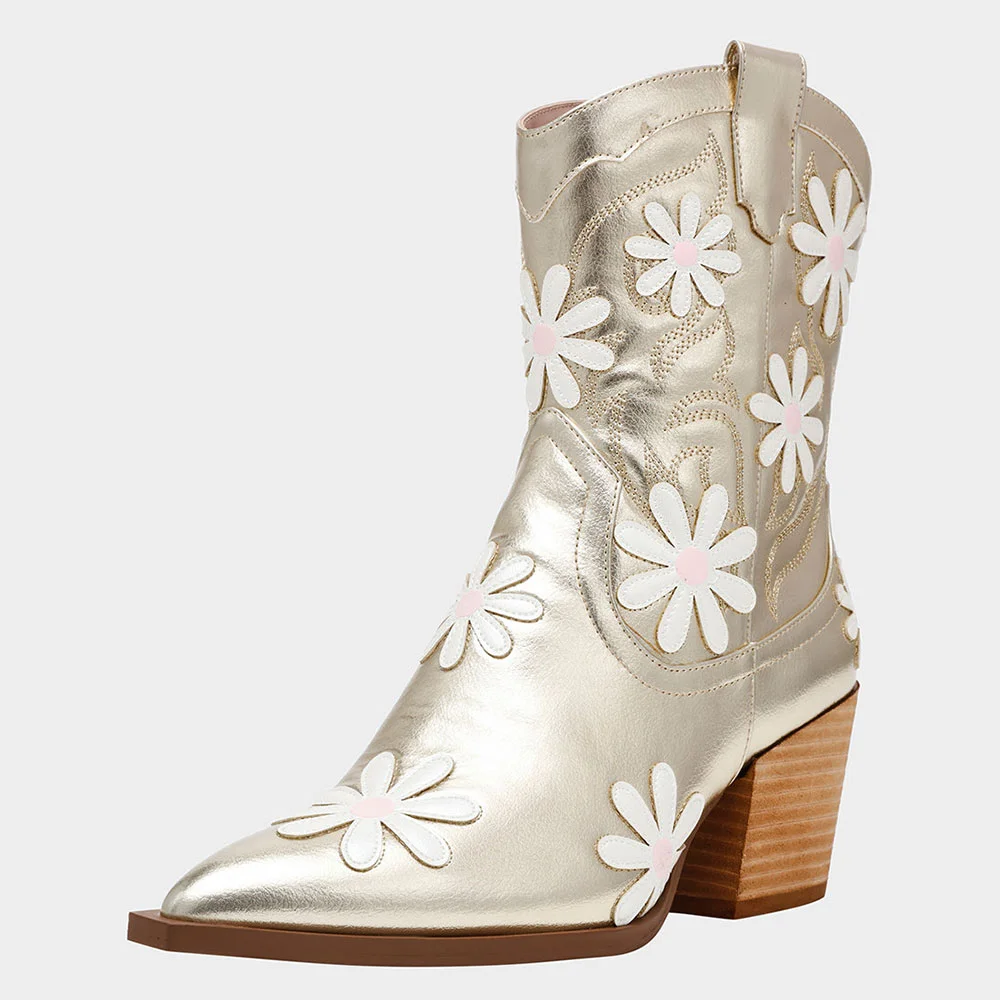 Champagne Pointed Toe Flower Stacked Heel Zipper Booties for Women