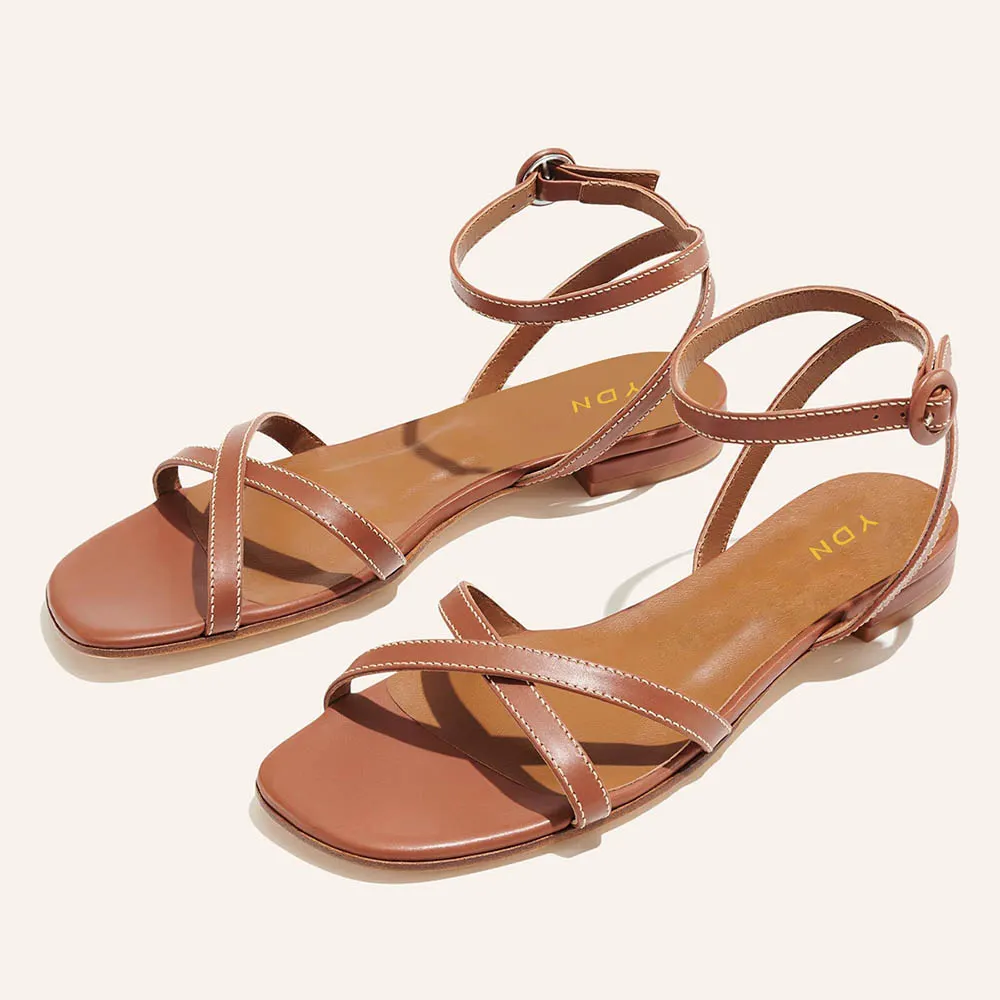 Brown Vegan Leather Ankle Strap Open Square Toe Flat Summer Sandals
