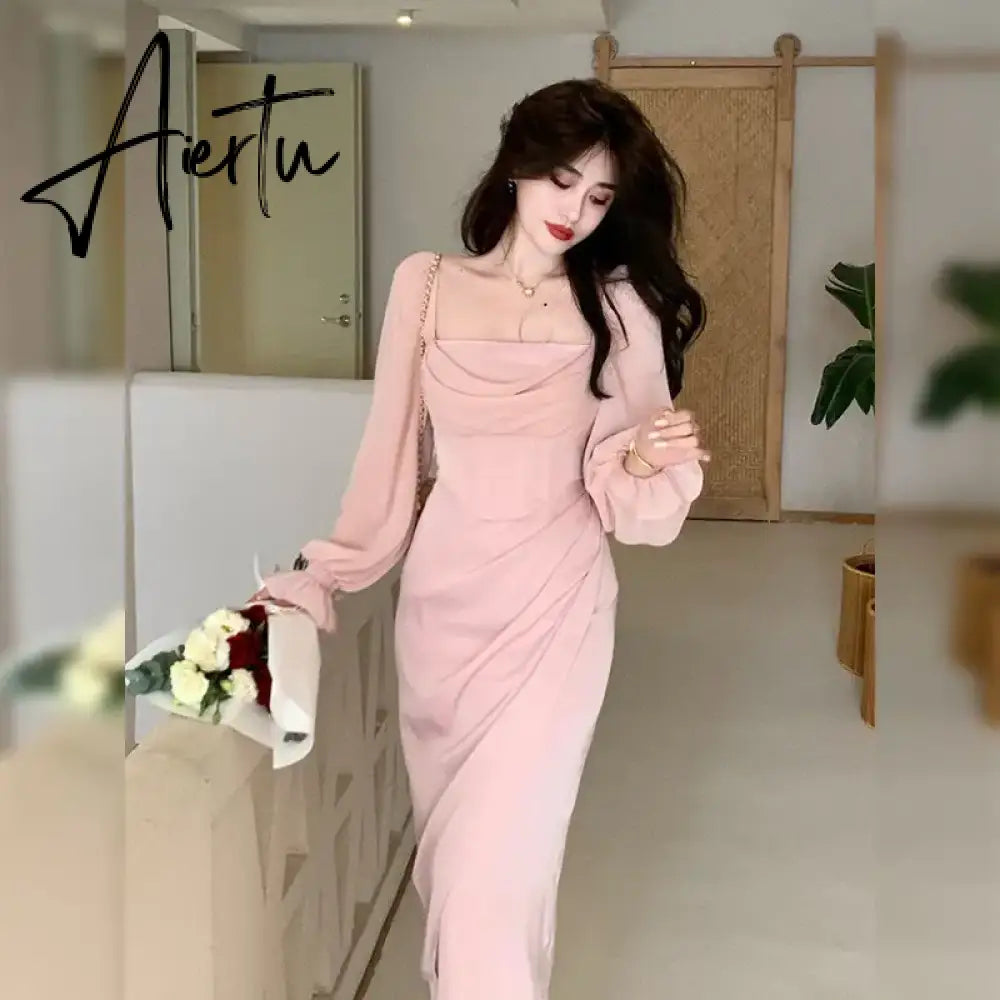 Aiertu  Autumn Solid Elegant Fairy Dresses Women Casual Party Fashion Korean One Piece Dress Female Lace Vintage Chic Midi Dresses Aiertu