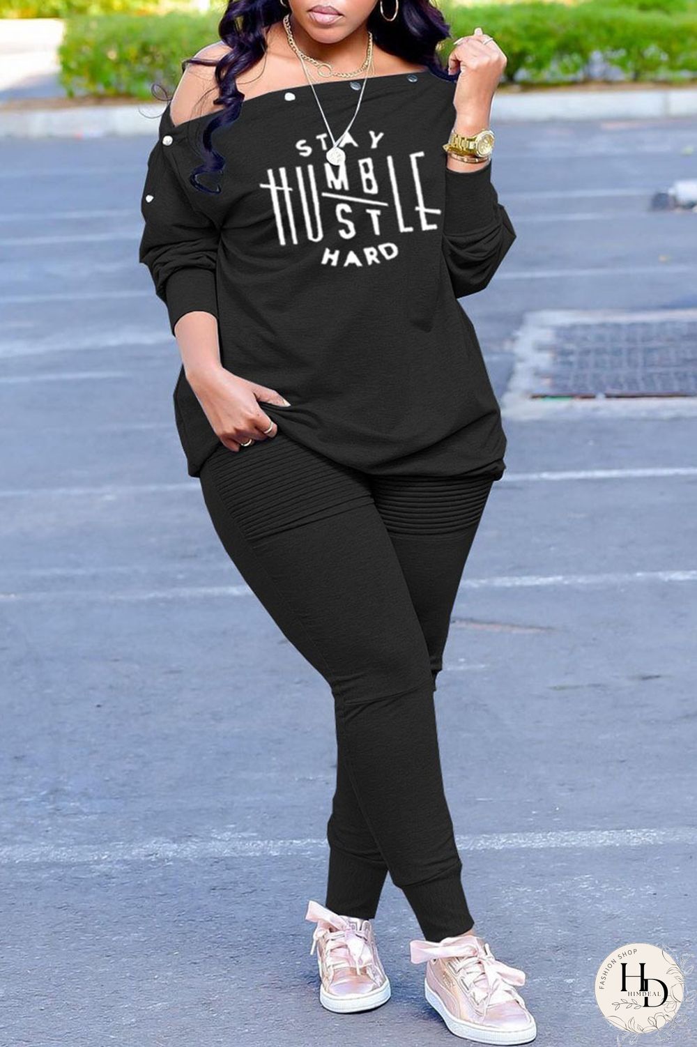 Black Casual Print Patchwork Buckle Off the Shoulder Plus Size Two Pieces