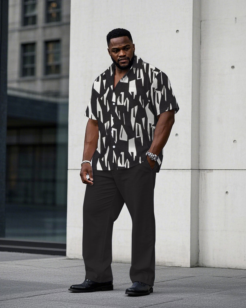 Men's Plus Size Business Casual Charcoal Black Geometric Pattern Short Sleeve Shirt Trousers Suit