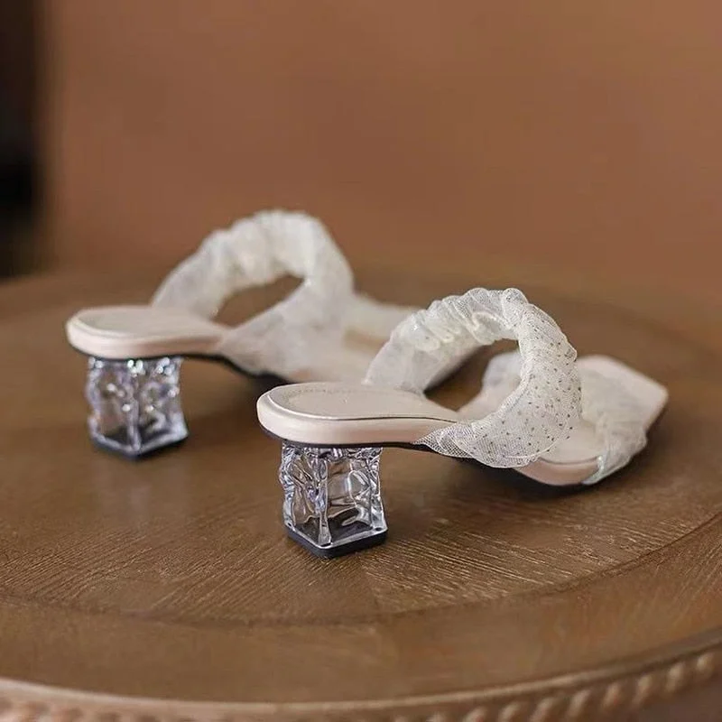  2022 Women Summer Sandals Fashion Mid Heel Chunky Pump Heel Crystal Fairy Designer Slippers