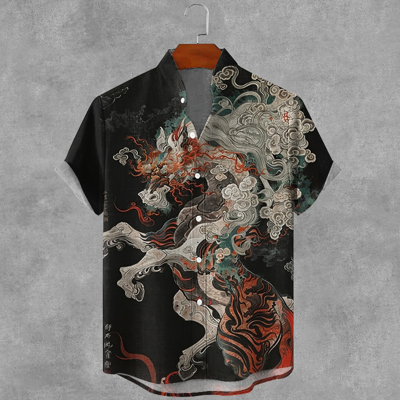 Men's Vintage Japanese Horse Art Print Casual Shirt elevenforest