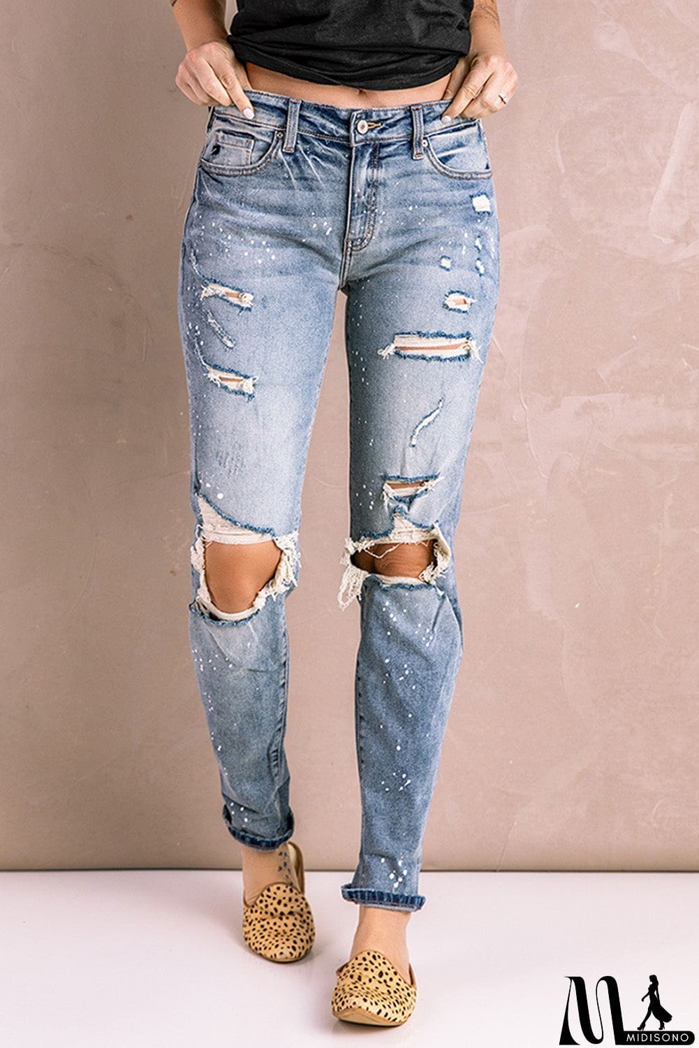 MidiSono - Distressed Faded Splatter Denim Pants