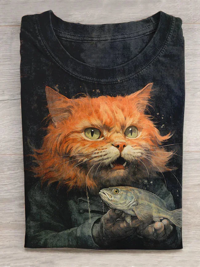 Cat Offering Fish Creative Design T-Shirt