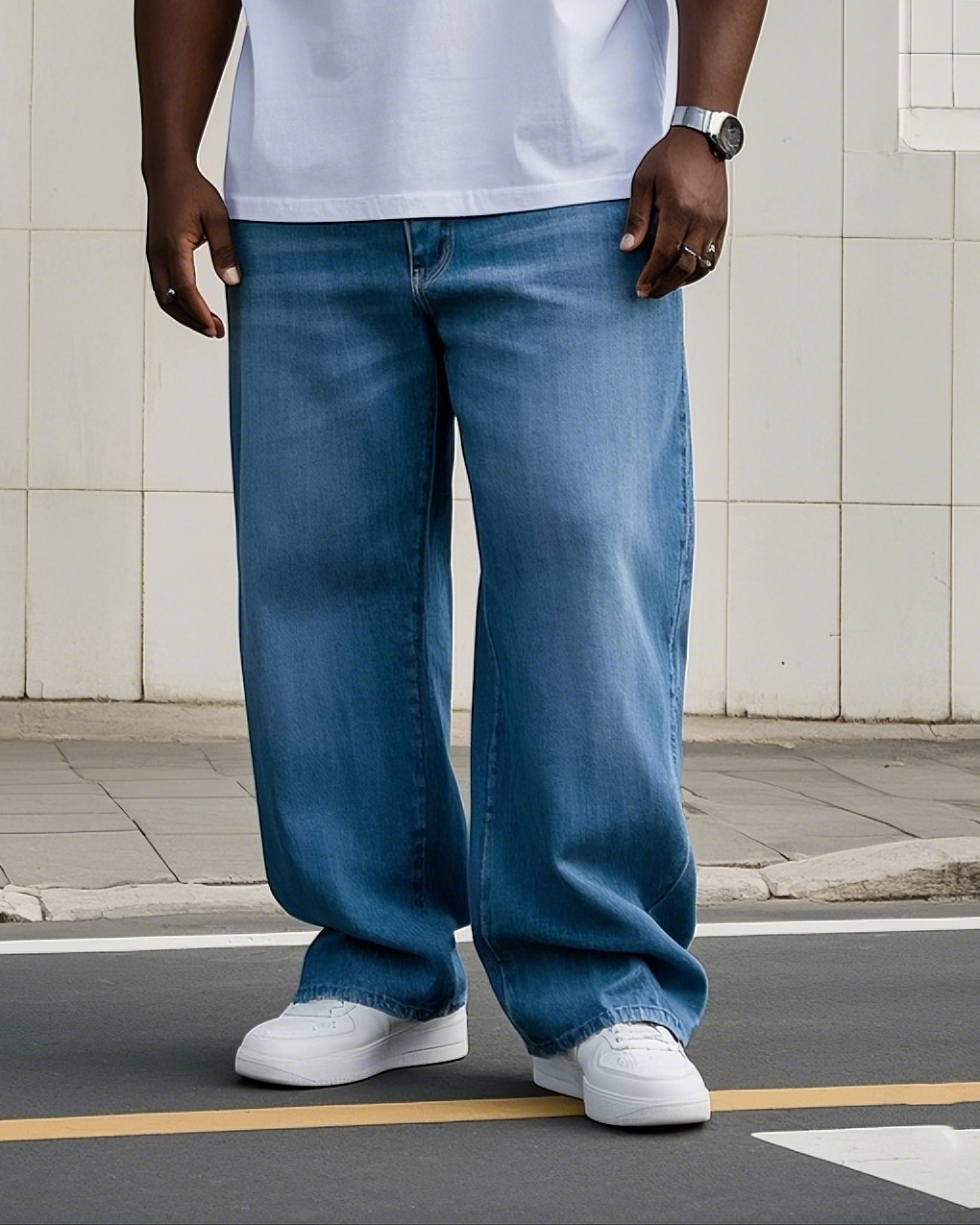 Plus Size Men's Daily Casual All-match Washing Water Pure Blue Denim Trousers
