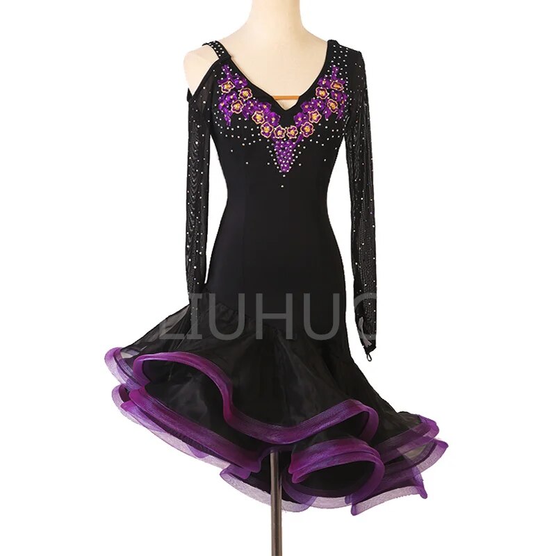 Latin Dance Dress Woman Adult Professional Performance Competition Dress Double Sleeve Cha-Cha Samba Cowboy Custom