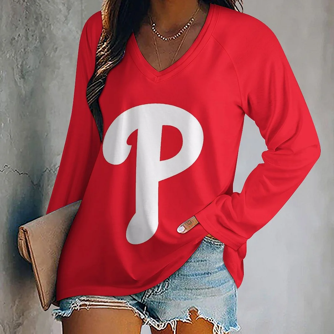 V-neck Long Sleeve Casual T-shirt for  Women and Men Printed with Pattern  , Blue, Red