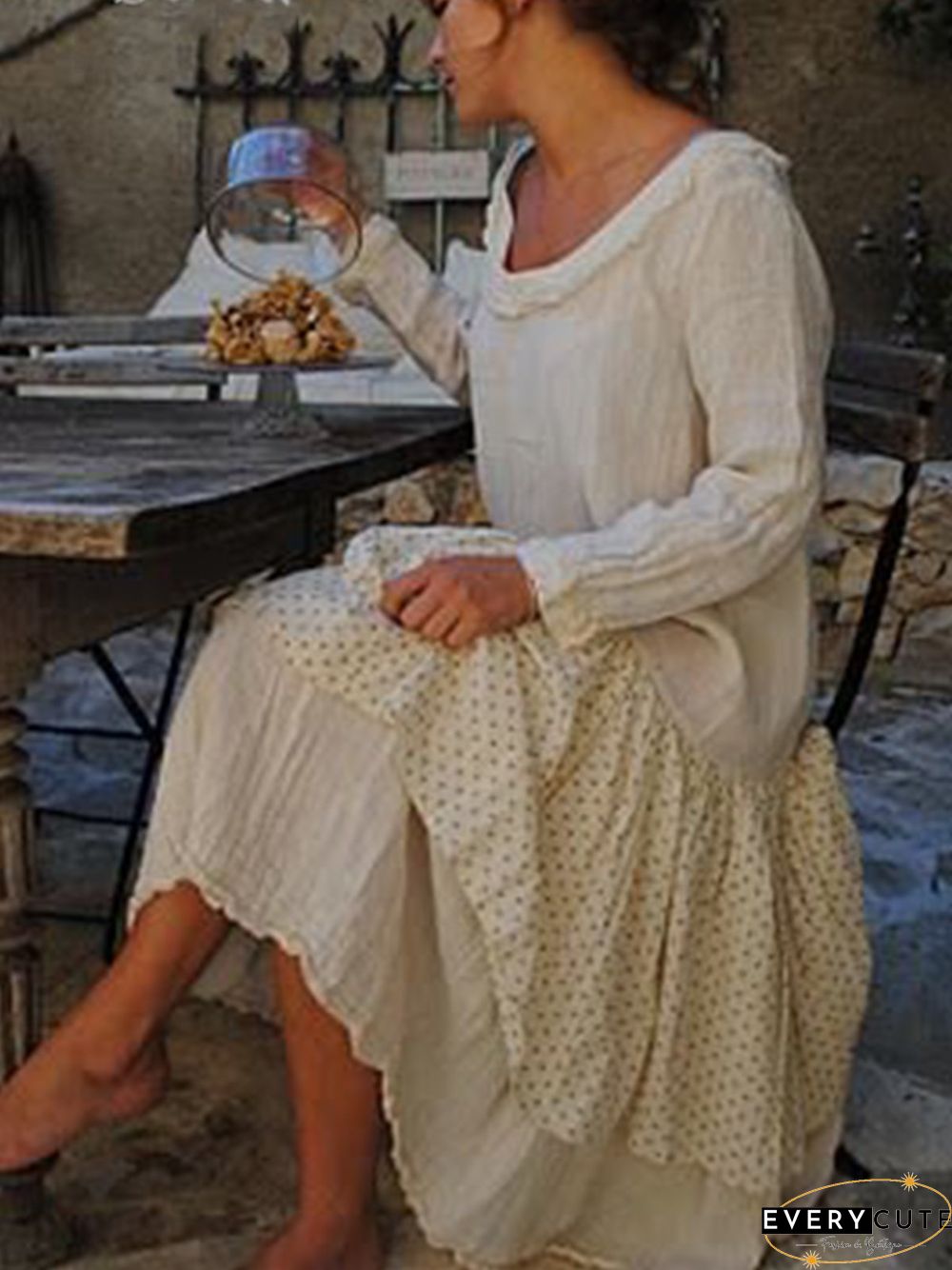 Casual Cotton-Blend Crew Neck Weaving Dress