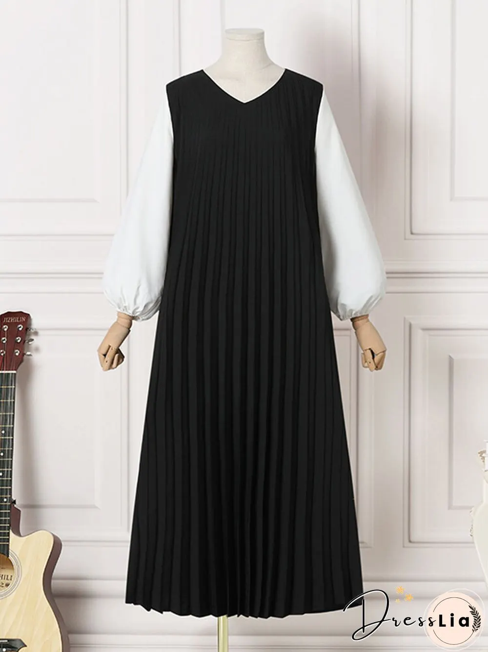 Patchwork Pleats V Neck Lantern Sleeve Casual Dress