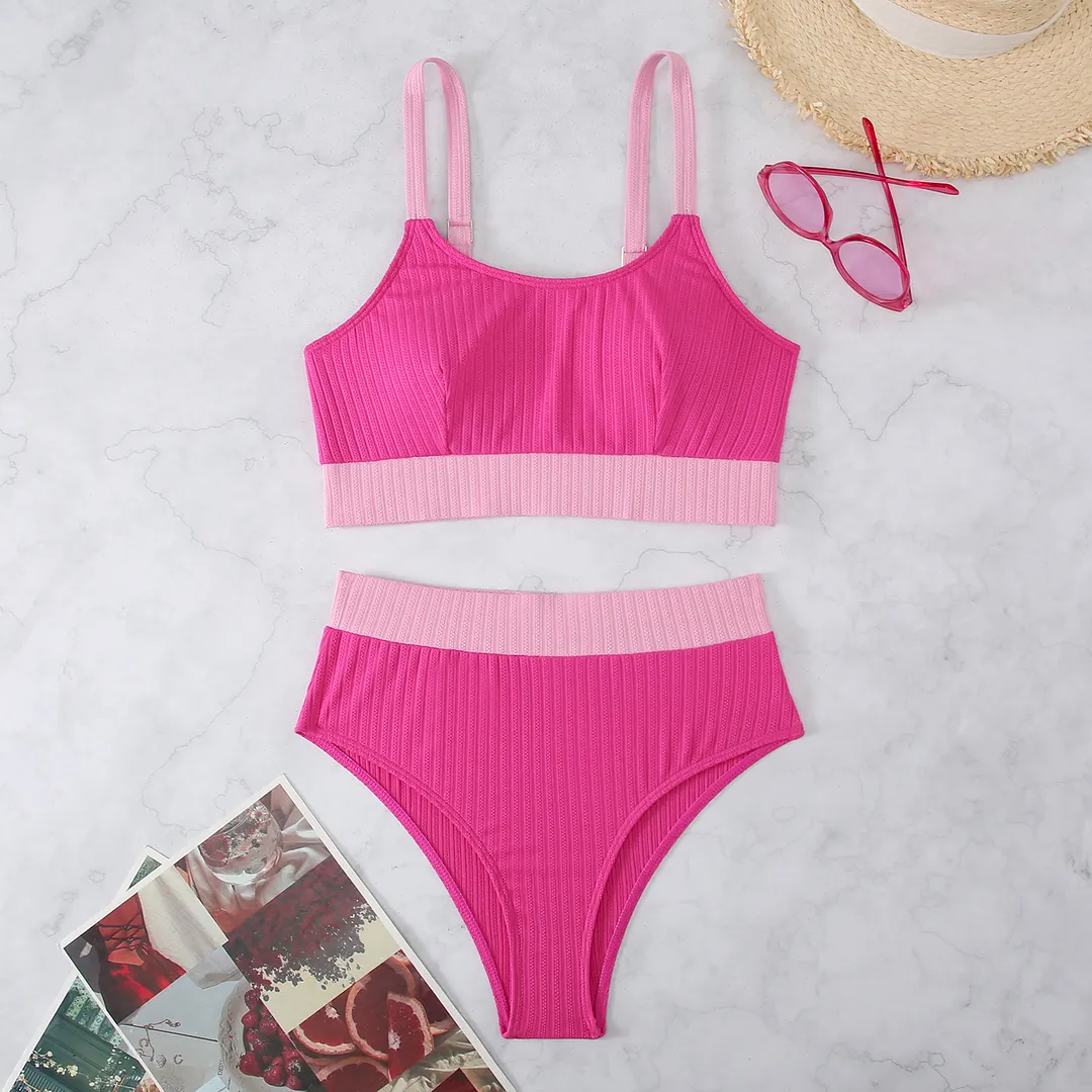 Brownm 2025 New Solid Color Sling Belt Split High-Rise Triangle Lady Sexy Hot Spring Bikini Swimsuit