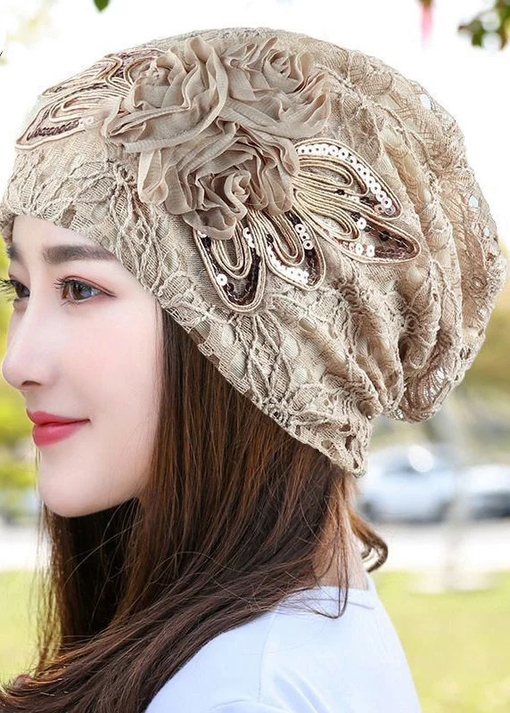 Stylish Khaki Floral Sequined Thin Lace Bonnie Hat
